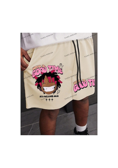 Tarzsokak Y2k Unisex Yaz Şort Bermuda Harajuka Anime Retro Kod-11491 Bej
