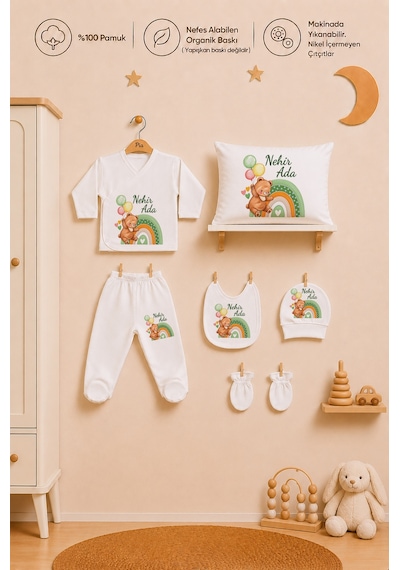 Pia Baby İsme Özel %100 Pamuk Kız Bebek Hastane Çıkışı Zıbın Seti Organi Baskılı Battaniyeli 2083zyb3x Ekru