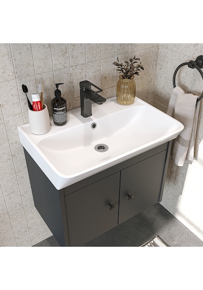 Lavabolu Mat Suntalam 60 Cm Banyo Dolabı, Aynalı Üst Dlp Antrasit Lavabolu Mat Suntalam 60 Cm Banyo Dolabı, Aynalı Üst Dlp Antrasit
