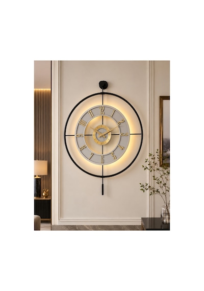 Pey Aksesuar Metal Camlı Duvar Saati 60x80 Cm Büyük Boy Işıklı Gerçek Cam Siyah-seffaf-beyaz-gold M61-siyah-seffaf-beyaz-gold