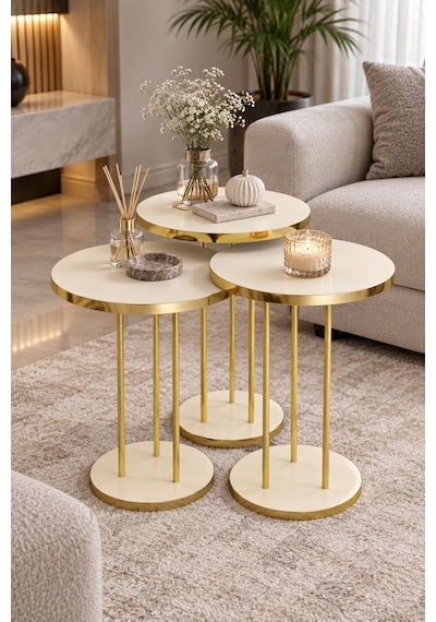 Sulorahome Krem Bej 3'lü Yuvarlak Zigon Sehpa Takımı Gold Metal Ayaklı Bej - Altın