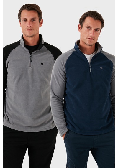 Buratti Slim Fit Yarım Fermuarlı Kışlık Şardonlu 2'Li Paket Erkek Polar 5906055S2 Gri-Lacivert