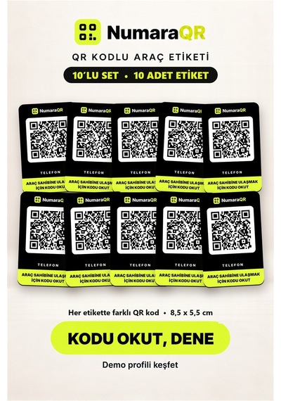 10 Lu Qr Kodlu Numaratör Seti Araç Ve Motosiklet Qr Etiket Park Numaratörü 8,5x5,5 Cm Siyah Numaraqr