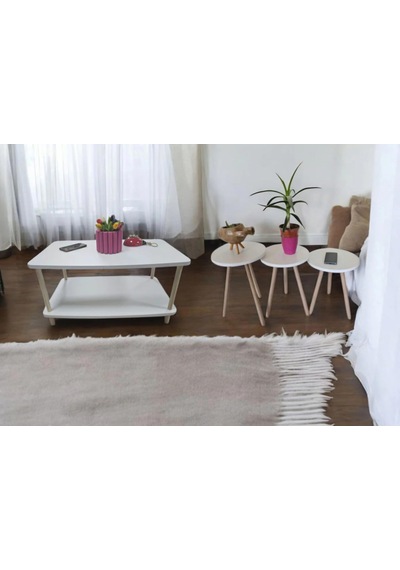 Orta Sehpa 1 Adet + Zigon Sehpa Set 3 Adet Takım Ahşap Ayaklı Beyaz