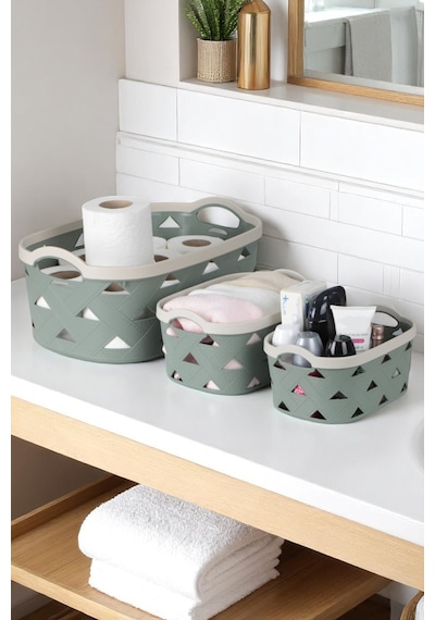 3lü Dekoratif Deri Görünüm Dolap İçi Düzenleyici Saklama Kutusu Mutfak Banyo Organizer Sepet Yeşil Sd5000set-3 Yeşil