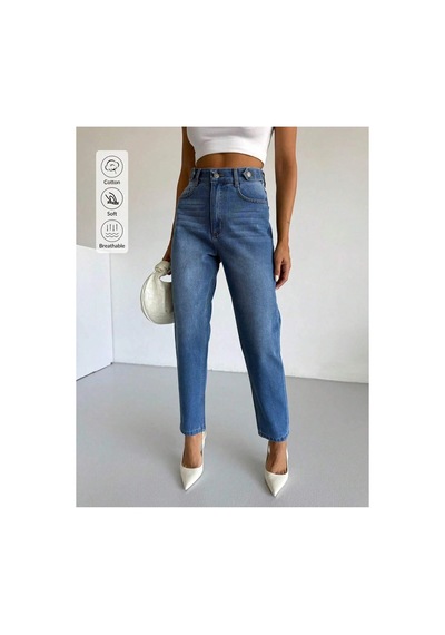 Kene Jeans Mavi Kemer Apolet Detaylı Mom Jeans Mavi