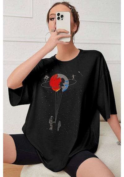 Unisex Evren Temalı Baskılı T-shirt Siyah