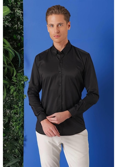 Efor Slim Fit Düğmeli Yaka Pamuklu Klasik Siyah Gömlek Gk 714 Siyah