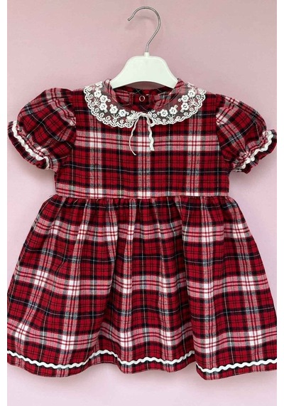 Bebe Yaka Su Taşı Detaylı Ekose Tasarım Kız Çocuk Bebek Elbise 001