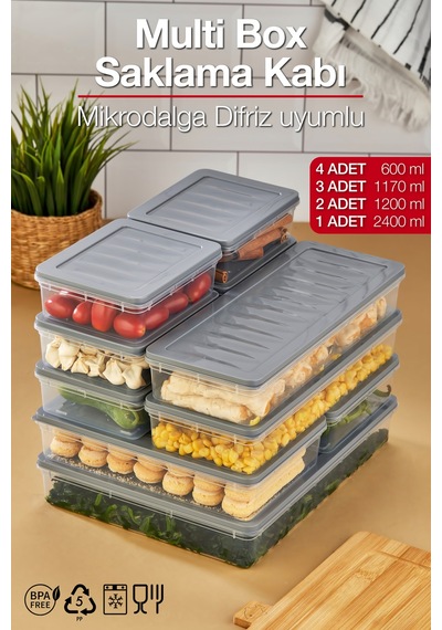 Multi Box 10 Parça 4 Farklı Boy Saklama Kabı Seti - Dondurucu & Mikrodalga Uyumlu Gri