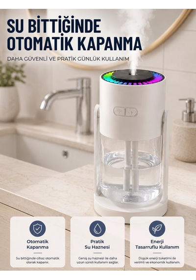 Mey İthalat Led Işıklı Hava Nemlendirme Cihazı Şeffaf Su Hazneli Sessiz Masaüstü Nemlendirici