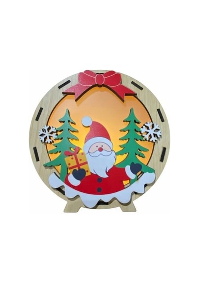 Işıklı Ahşap Oval Yılbaşı Dekoru - Noel Baba Figürlü Led Masa Ve Raf Süsü