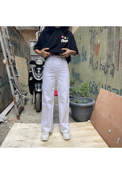 Kadın Beyaz Palazzo Kot Pantolon Jeans Beyaz