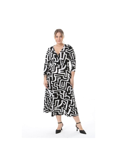 Mooi Xxl Kadın Siyah Beyaz Batik Geometrik Desen Uzun Kol Kruvaze Yaka Büyük Beden Maxi Elbise Siyah