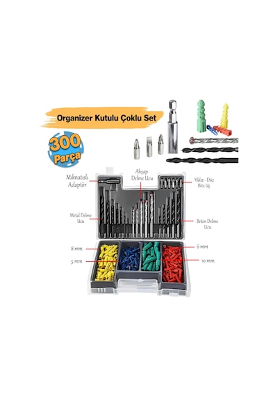 Matkap Ucu Set Duvar Metal Ahşap 17'li Delme 4 Çeşit Dübel 6 Farklı Yıldız Düz Bits Uç Organizer