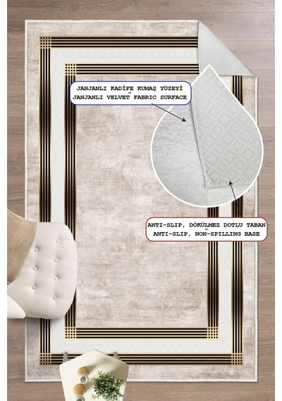Modern Makinada Yıkanabilir Kaydırmaz Taban Leke Tutmaz Oturma Odası Salon Halısı Yolluk Bej