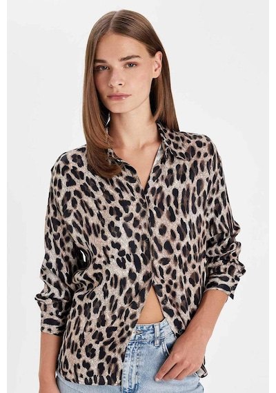 Defacto Regular Fit Leopar Desenli Poplin Uzun Kollu Gömlek D3148AX24AUBK81 Siyah
