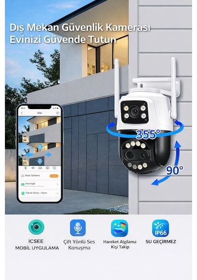 Çift Lensli 360 Ptz Wifi Güvenlik Kamerası Ip66 Su Geçirmez, Çift Yönlü Sesli, Gece Görüşlü, Duvar & Tavan Montajlı Smart Kamera