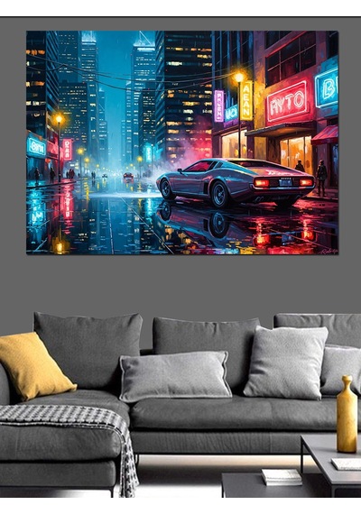Gece Şehrinde Modern Spor Araba Dekoratif Kanvas - Mdf Ahşap Tablo