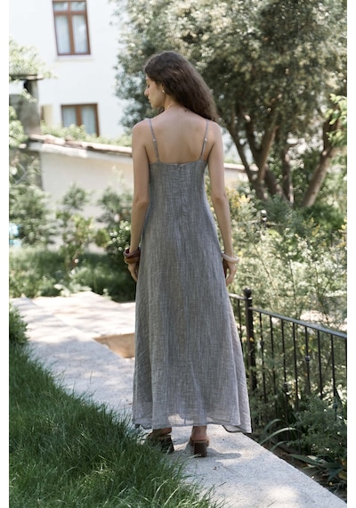 Mai Collection Mai Studios Co. Cinas Askılı Uzun Kahve Keten Elbise Kahve