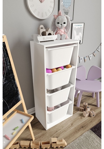 %100 Mdf - Large Mono 4 Büyük Sepetli Oyuncak Dolabı Beyaz