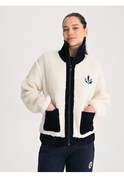 Fenerbahçe Ekru Trend Kadife Detaylı Peluş Kadın Oversize Sweatshirt