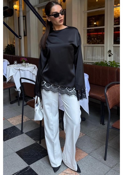 Madmext Siyah Asimetrik Dantelli Uzun Kollu Saten Bluz Mg2799