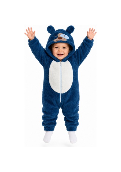 Kız Erkek Bebek Welsoft Peluş Tulum Kapüşonlu Fermuarlı Kışlık Bebek Tulumu Köpek Figürlü Yumuşak Polar Tulum Lacivert