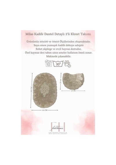 Tr Milas Kaymaz Taban, Kadife Dantel Detaylı 2'li Süper Lüks Oval Banyo Paspası Seti, Pembe, 60x100 Cm Genel