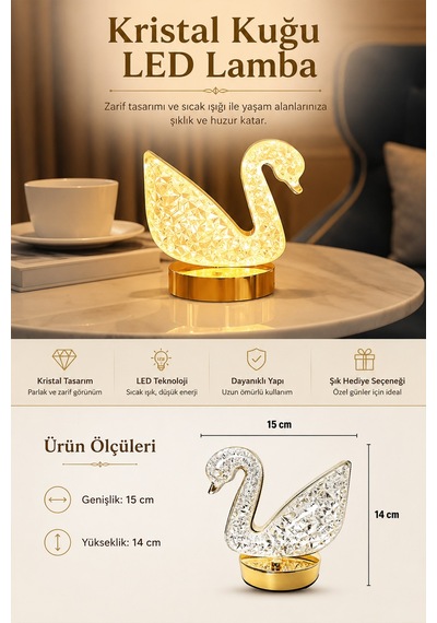 Kristal Kuğu Led Masa Lambası 3 Renk Işıklı Dekoratif Aydınlatma 8381888