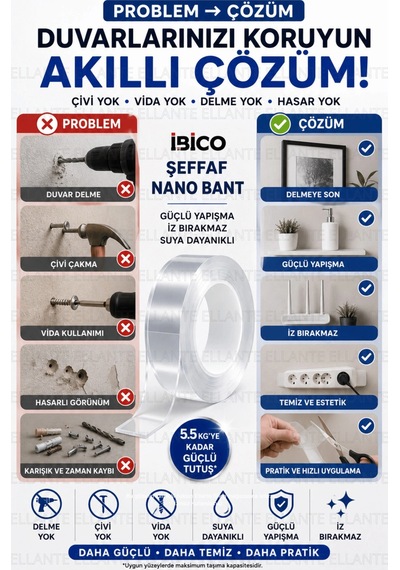 Çift Taraflı Şeffaf Nano Bant 18 Mm X 1 Metre Güçlü Yapışkan İz Bırakmayan Suya Dayanıklı Montaj Ban