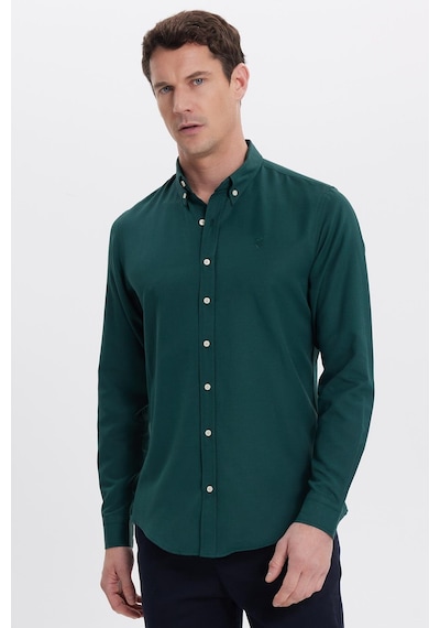 Tudors Erkek Slim Fit Dar Kesim Düz Oxford Armalı Yaka Düğmeli Haki Spor Gömlek-42008 Haki