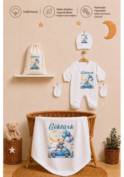 Pia Baby İsim Baskılı Erkek Bebek Hastane Çıkışı Battaniyeli Tulum Takımı %100 Pamuk Kıyafet Kesesi Yeni Doğan Bebek Hediyesi 1056btk3x Ekru
