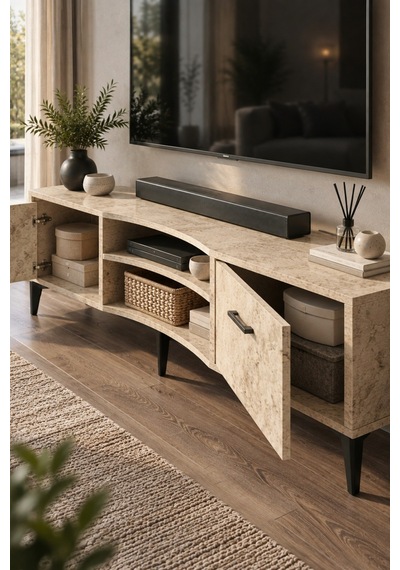 Sulorahome Ekru Traverten Desenli Suntalam Tv Sehpası 160x35 Cm