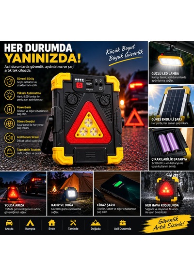 Çok Fonksiyonlu Reflektör Solar Lamba Powerbank Güneş Enerjili Yüksek Sesli Sirenli Lamba Acil Durum Sireni Uyarı Alarm Sesli Taşınabilir Şarjlı Ekstra Lambalı