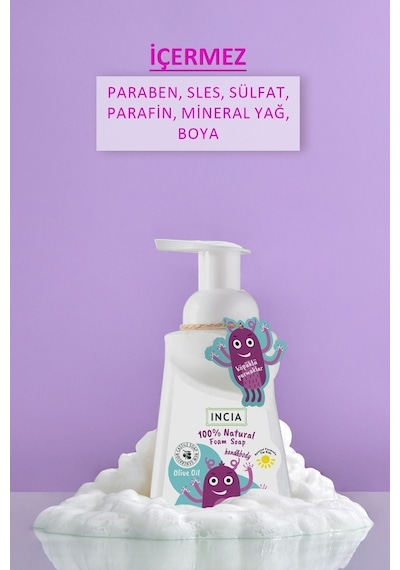INCIA %100 Doğal Köpük Kastil Sabunu Çocuklar İçin Zeytinyağlı 10 Bitkisel Değerli Yağ Vegan 200 ml