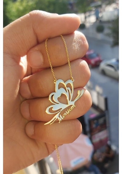 925 Ayar Gümüş 24 Ayar Altın Kaplama İsimli Kelebek Kolye Gold