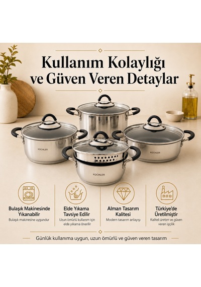 8 Parça Paslanmaz Çelik Tencere Seti İndüksiyon Ocak Uyumlu, Süzgeç Kapaklı Gümüş
