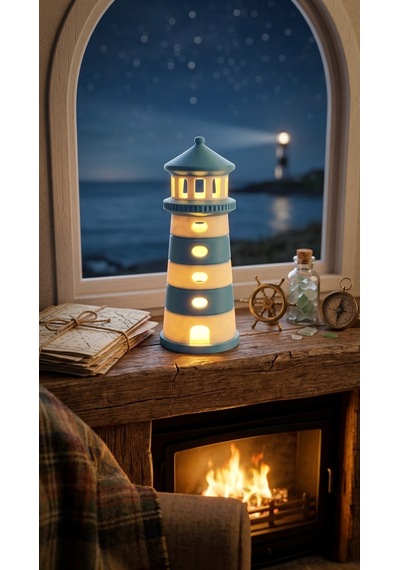 Dekoratif Tasarım Deniz Feneri Tealight - Açık Mavi - Beyaz Çok Renkli