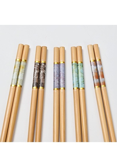 Valkyrie 5 Çift 24cm Bambu Desenli Yemek Çubuğu Seti Hediyelik Kutulu Japon Sushi Chopstick Ahşap