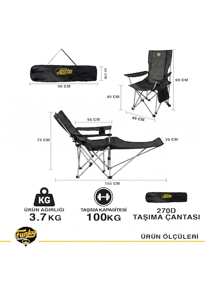 Lazy 4 Katlanabilir Kamp Ve Plaj Sandalyesi Ayak Uzatmalı, 3 Kademeli Şezlong, Yastıklı, Bardaklıklı - Antrasit
