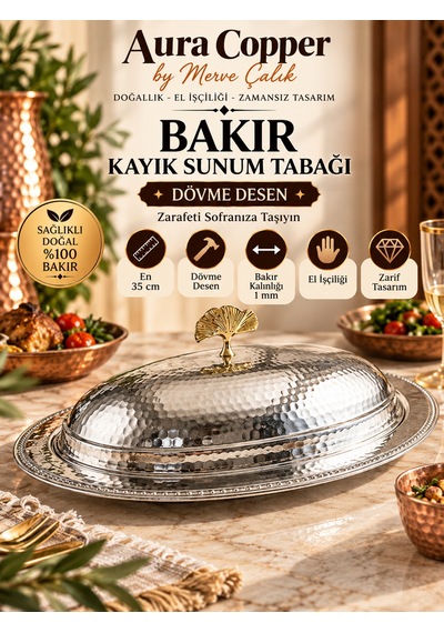 Dövme Bakır Kayık Sunum Tabağı Kapaklı Servis Sunumluk Beyaz - Gümüş