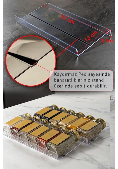 Şeffaf Pleksi Standlı 12'li Cam Baharatlık Seti, Gold Kapak Ve Etiketli Baharatlık Takımı Mh02gld12 Çok Renkli