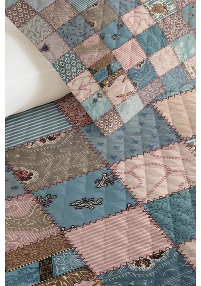Mavi Patchwork Genç Odası Tek Kişilik Pike Takımı-pastel Geometrik 160x220 Cm Kapitone Yatak Örtüsü Mahmur Kekik Kuşağı