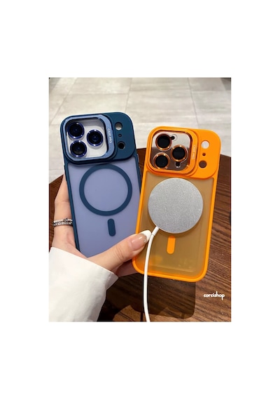 İphone 17 Uyumlu Kılıf Açılır Kamera Stand Magsafeli Mat Renkli Şeffaf + Lens Koruyucu Set Lacivert