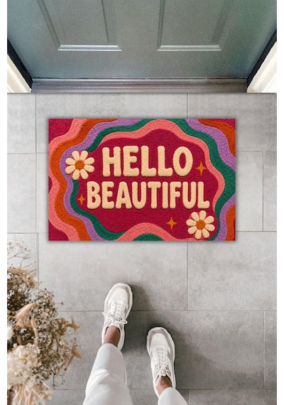 Rugmood Hello Beautıful Renkli Retro Tasarım Dekoratif Kapı Önü Paspası 70x45 Cm Çok Renkli