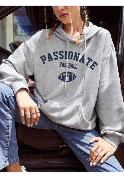 Passionate Baseball Sweatshirt - Gri Baskılı Oversize Kapüşonlu Gri