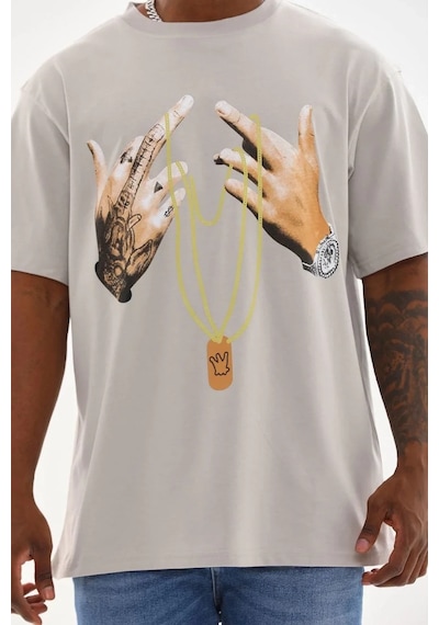 Erkek Baskılı T-shirt Kısa Kol Bisiklet Yaka Rahat Kalıp Tişört - Gri Gri