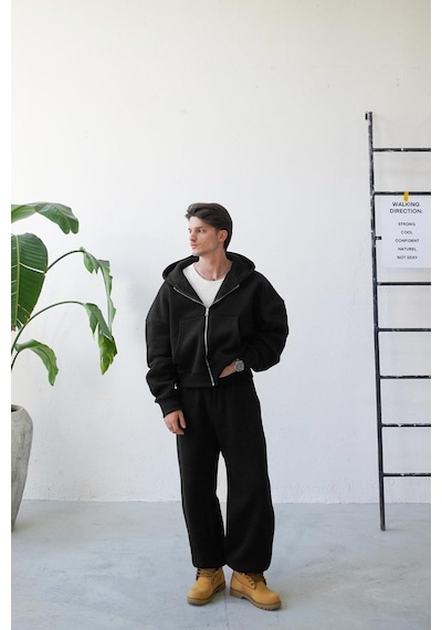 Siyah Cozy Basic Tam Fermuar Oversize Sweatshirt Siyah