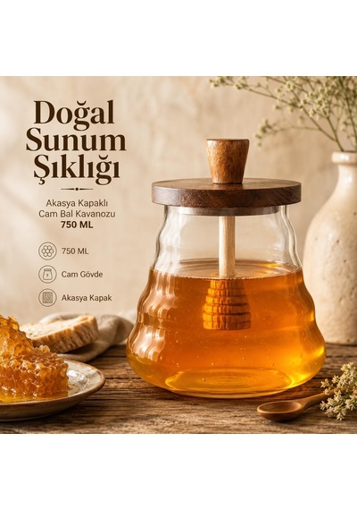 Lexroo Kaşıklı Akasya Kapaklı Cam Bal Kavanozu 750 Ml Şık Sunumluk Çok Renkli